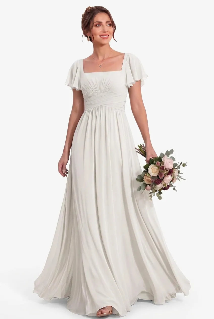 Ruched Waist Chiffon Bridesmaid Dress with Square Neck and Flutter Sleeves