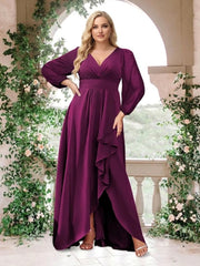 A-Line/Princess V-Neck Long Sleeves Chiffon Ruched Asymmetrical Plus Size Bridesmaid Dresses with Pockets Dark Purple