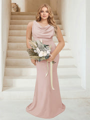 Trumpet/Mermaid Cowl Neck Sleeveless Ruched Plus Size Bridesmaid Dresses Blush Pink