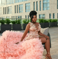 Pink Illusion Crew Neck Prom Dress Mermaid Ruffled Beaded Pearls Formal Dress With Slit