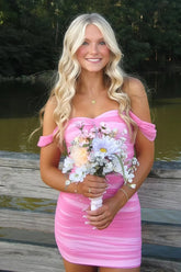 Off the Shoulder Homecoming Dress Bodycon Pink Short Cocktail Dress