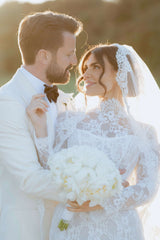 Lace Mermaid Wedding Dress with Detachable Long Sleeve Lace Topper Strapless Bridal Gown