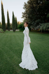 Lace Mermaid Wedding Dress with Detachable Long Sleeve Lace Topper Strapless Bridal Gown
