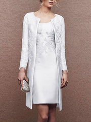 2 Knee Length Satin Lace Sheath Dresses for Mothers of the Bride Sleeveless with Appliques