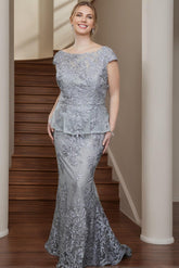 2 Piece Plus Size Mother of the Bride Scoop Neck Long Dresses with Appliques and Short Sleeves