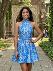 High Neck Halter Floral Brocade Mini Dress Homecoming Dresses