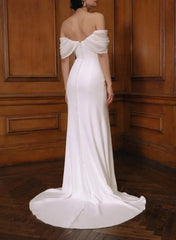 Column Sweetheart Sleeveless Court Train Chiffon Satin With High Split Wedding Dress Swd13066