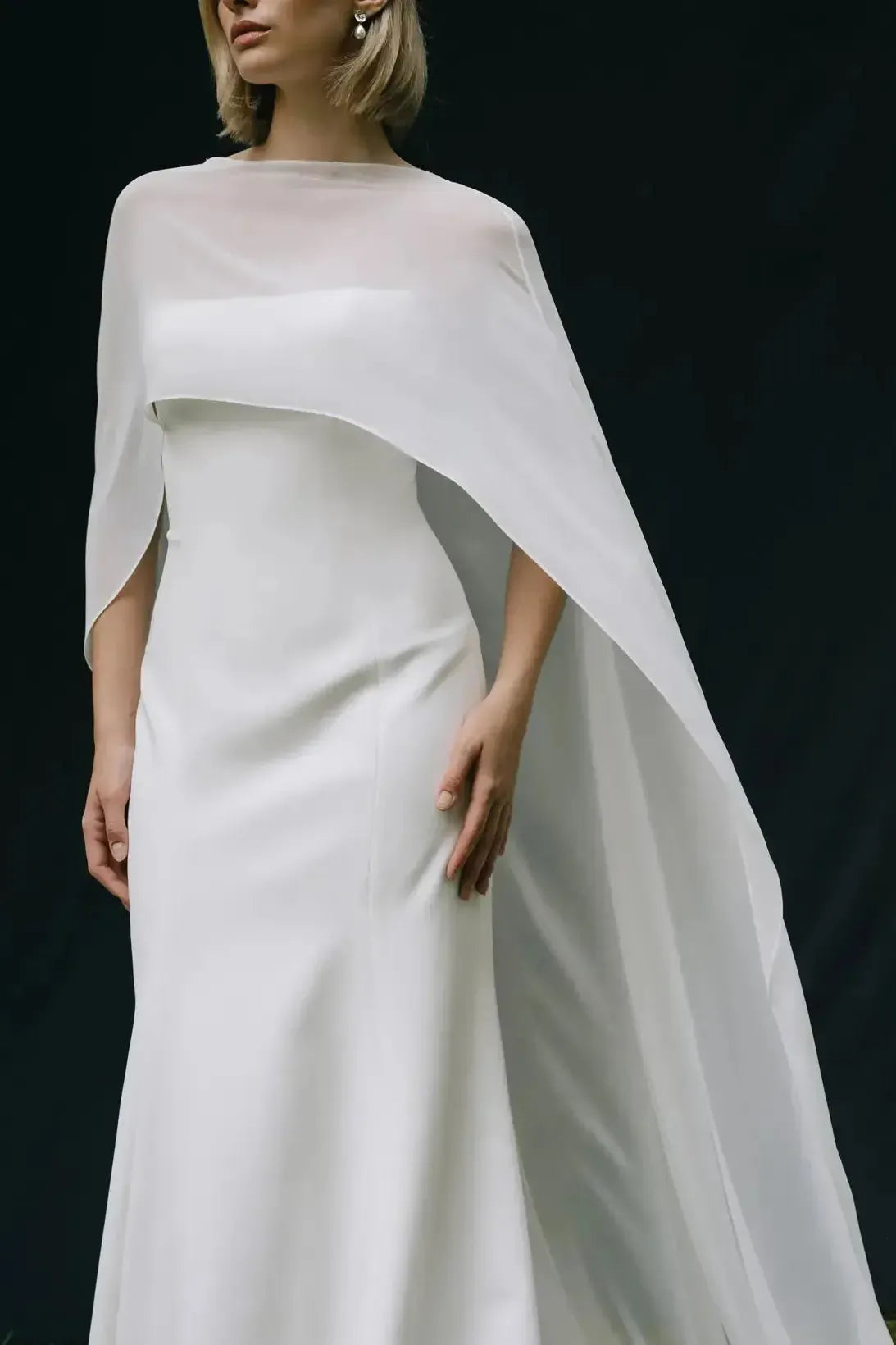 Mermaid Scoop Neck Cape Sleeves Sweep Train Chiffon Elastic Satin Wedding Dress Swd13070