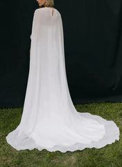Mermaid Scoop Neck Cape Sleeves Sweep Train Chiffon Elastic Satin Wedding Dress Swd13070