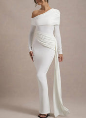 Sheath Column Asymmetrical Long Sleeves Floor Length Jersey With Sweeping Side Drape Wedding Dress Swd13085