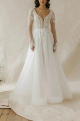 Ball Gown Plunge Neck Long Sleeves Sweep Train Lace Organza Wedding Dress With Beading Swd13093