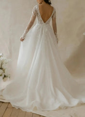 Ball Gown Plunge Neck Long Sleeves Sweep Train Lace Organza Wedding Dress With Beading Swd13093
