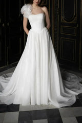 Ball Gown One Shoulder Sleeveless Chapel Train Chiffon Wedding Dresswith Pockets Swd13095