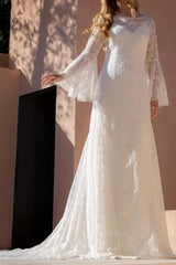 A Line Illusion Neck Long Sleeves Sweep Train Matte Satin Wedding Dresses With Lace Swd13100