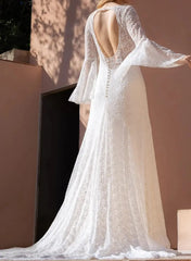 A Line Illusion Neck Long Sleeves Sweep Train Matte Satin Wedding Dresses With Lace Swd13100