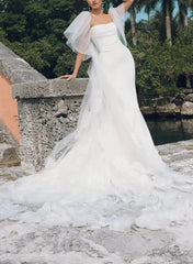 Ball Gown Off The Shoulder Cape Sleeves Chapel Train Crepe Satin Wedding Dress With Flower Swd13103