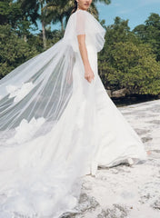 Ball Gown Off The Shoulder Cape Sleeves Chapel Train Crepe Satin Wedding Dress With Flower Swd13103