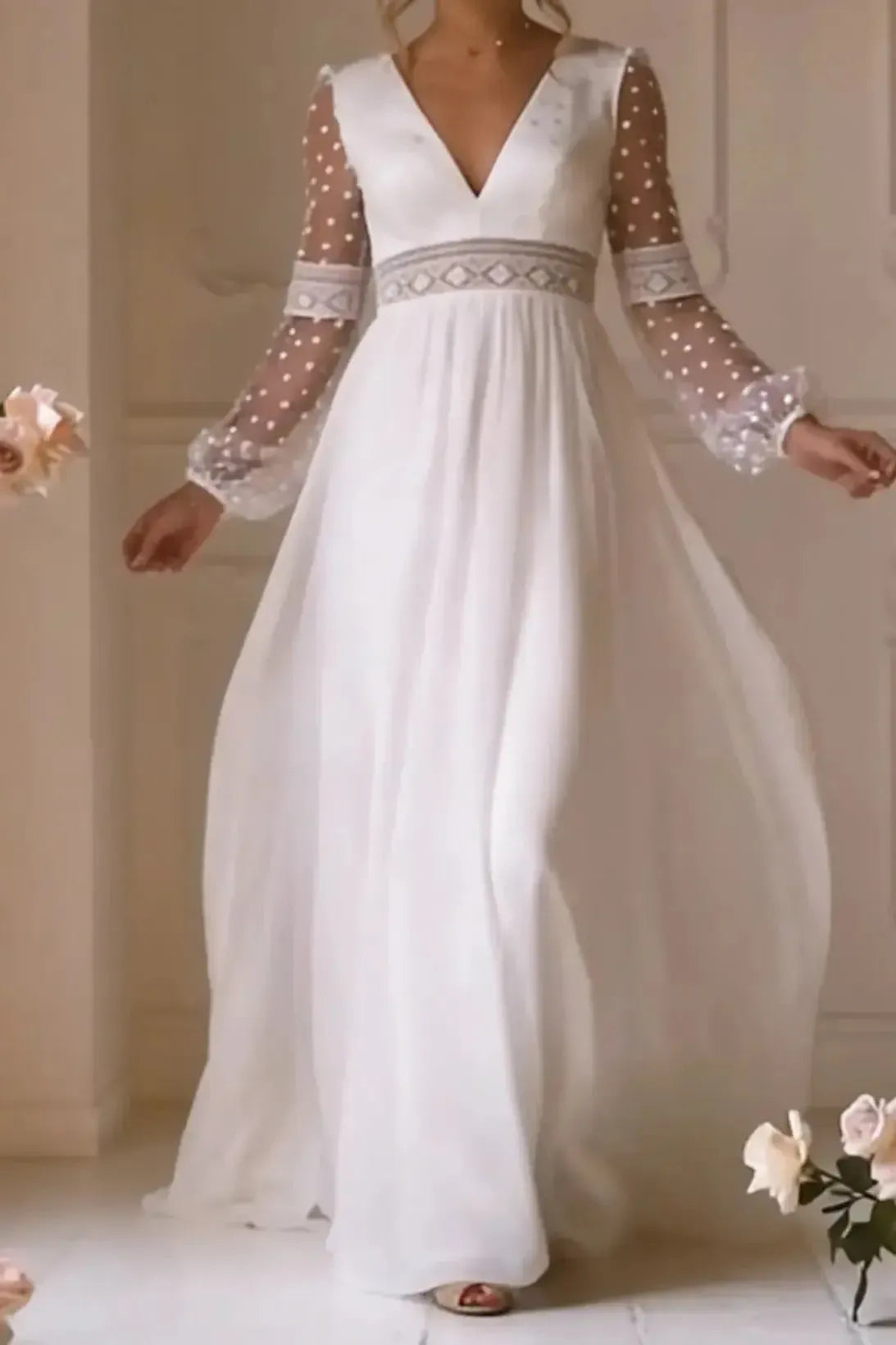 A Line V Neck Long Sleeves Floor Length Chiffon Wedding Dresses With Bow S Lace Swd13104