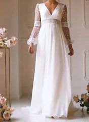 A Line V Neck Long Sleeves Floor Length Chiffon Wedding Dresses With Bow S Lace Swd13104