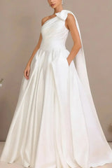 Ball Gown One Shoulder Sleeveless Chapel Train Satin Wedding Dress With Bow Swd13105