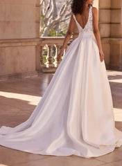 A Line V Neck Sleeveless Sweep Train Twill Satin Wedding Dresses With Appliques Swd13106