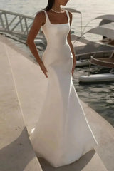 Elegant Square Neckline Sleeveless Mermaid Sweep Train Satin Wedding Dresses Swd13114