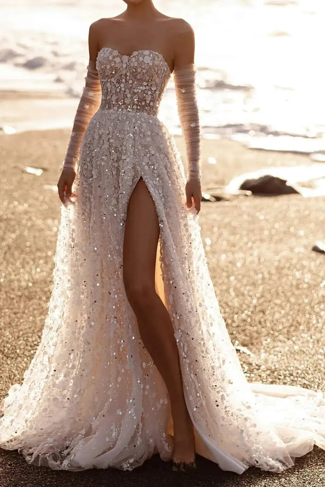 A Line Sweetheart Detachable Sleeves Court Train Lace Wedding Dresses With Appliques Lace High Split Swd13116