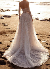 A Line Sweetheart Detachable Sleeves Court Train Lace Wedding Dresses With Appliques Lace High Split Swd13116