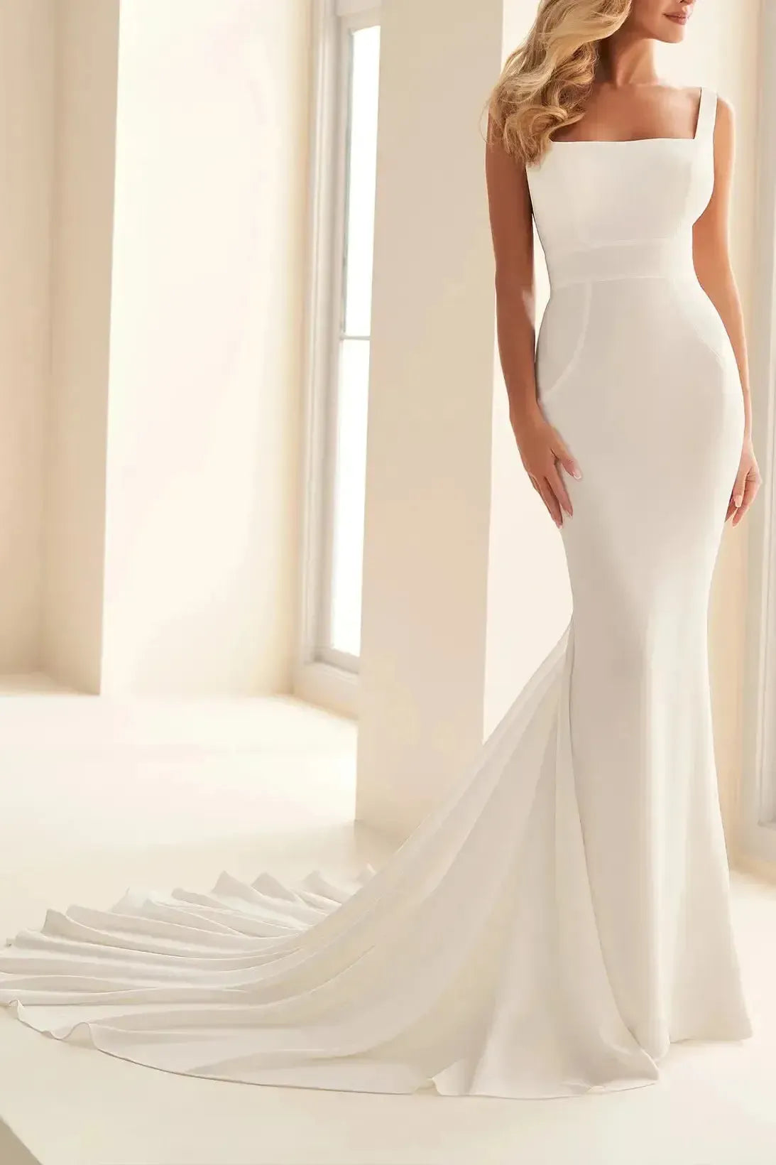 Trumpet Mermaid Square Neckline Sleeveless Court Train Crepe Satin Wedding Dresses With Bow S Swd13118