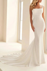 Trumpet Mermaid Square Neckline Sleeveless Court Train Crepe Satin Wedding Dresses With Bow S Swd13118