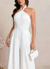 Jumpsuit Pantsuit Halter Sleeveless Floor Length Elastic Satin With Bow Bride Wedding Dress Swd13119