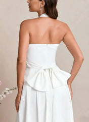Jumpsuit Pantsuit Halter Sleeveless Floor Length Elastic Satin With Bow Bride Wedding Dress Swd13119