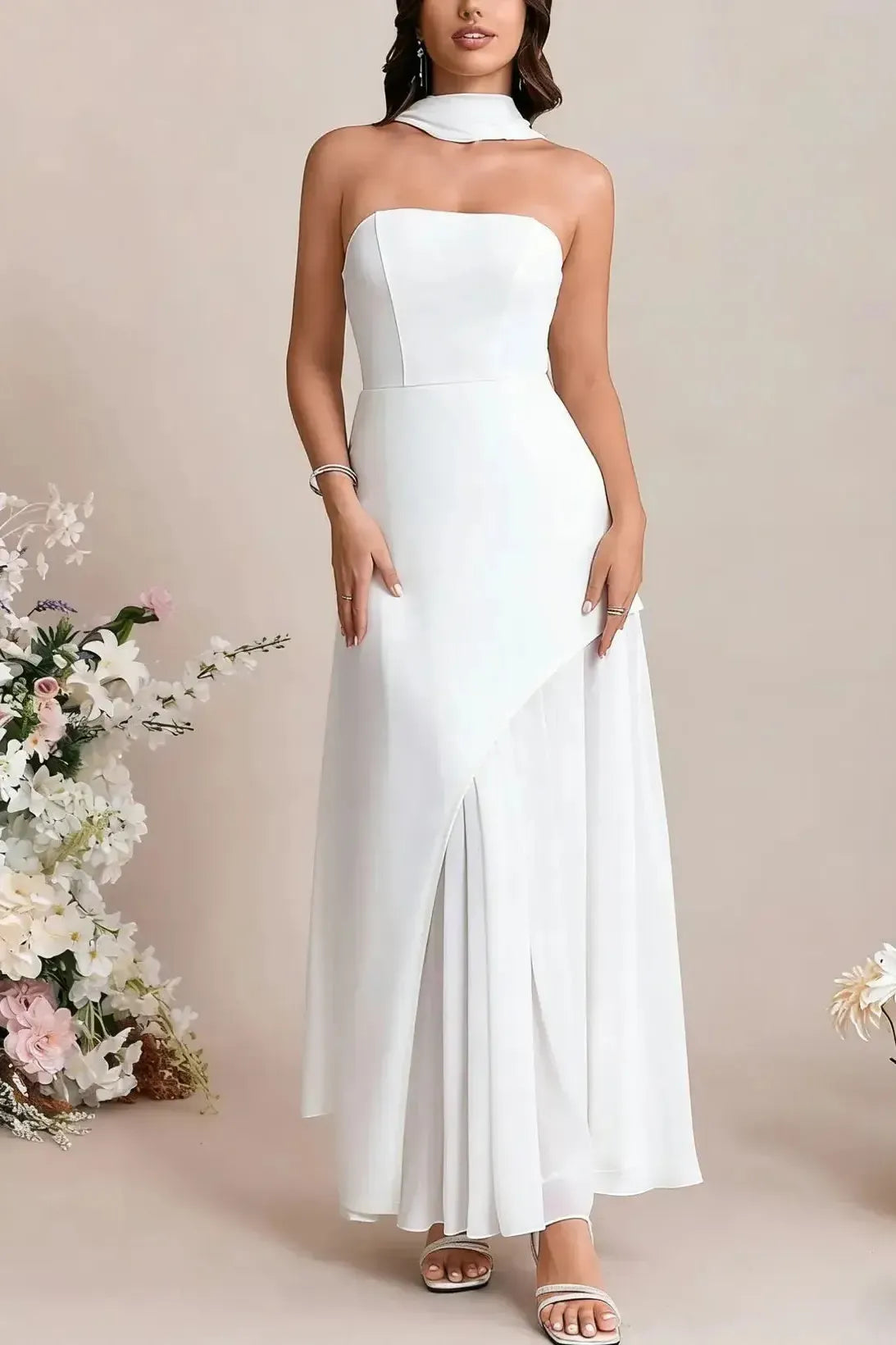 A Line Strapless Sleeveless Floor Length Chiffon Elastic Satin Bride Wedding Dress Swd13121