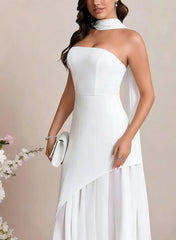 A Line Strapless Sleeveless Floor Length Chiffon Elastic Satin Bride Wedding Dress Swd13121