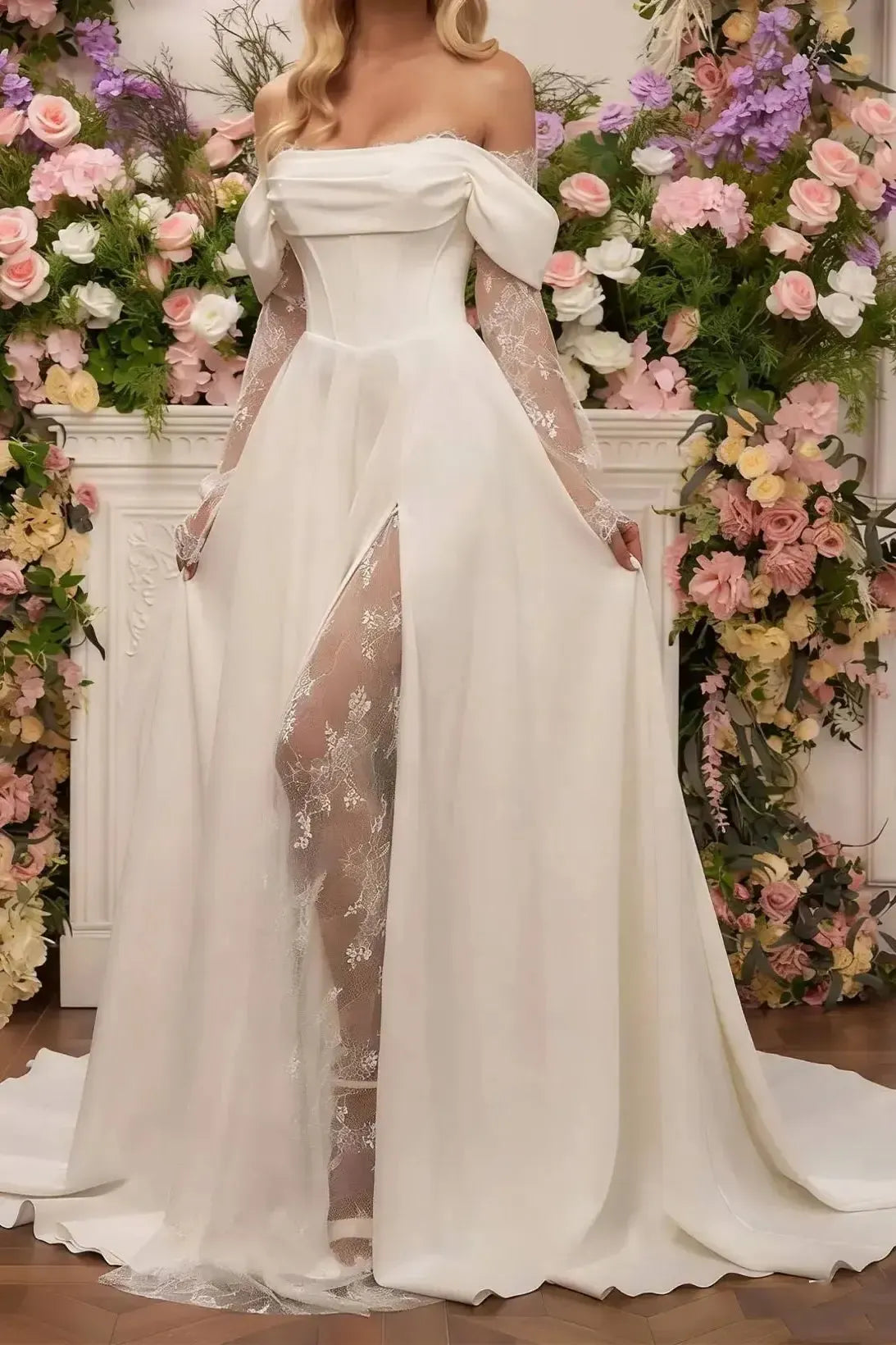 A Line Off The Shoulder Long Sleeves Court Train Lace Wedding Dresses With Split Front Swd13129