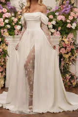 A Line Off The Shoulder Long Sleeves Court Train Lace Wedding Dresses With Split Front Swd13129
