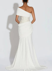 Trumpet Mermaid One Shoulder Sleeveless Sweep Train Elastic Satin With Beading Bride Wedding Dress Swd13134