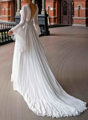 A Line Plunge Neck Long Sleeves Chapel Train Chiffon Lace With Pockets High Split Bride Wedding Dress Swd13144