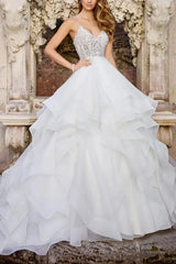 Ball Gown V Neck Sleeveless Chapel Train Satin Organza With Appliques Bride Wedding Dress Swd13148
