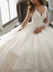 Ball Gown V Neck 3 4 Sleeves Court Train Satin Organza With Appliques Bride Wedding Dress Swd13150