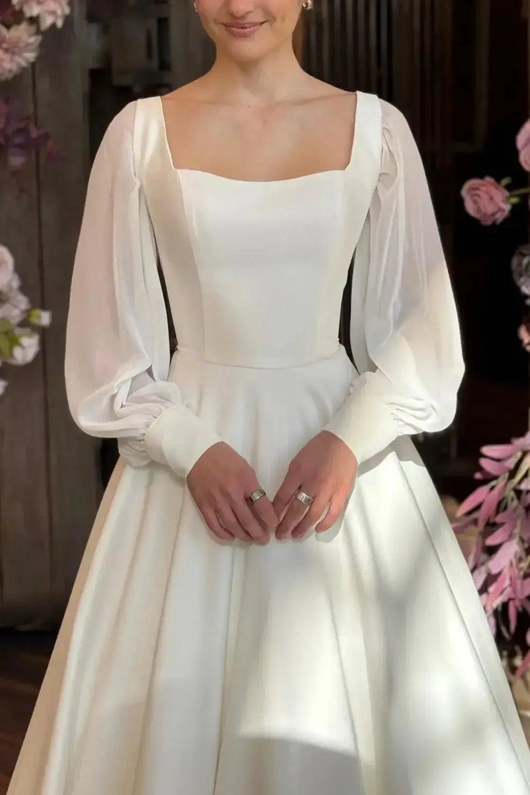 A Line Square Neckline Long Sleeves Floor Length Chiffon Elastic Satin Wedding Dresses Swd13153