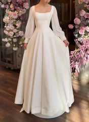 A Line Square Neckline Long Sleeves Floor Length Chiffon Elastic Satin Wedding Dresses Swd13153
