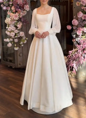 A Line Square Neckline Long Sleeves Floor Length Chiffon Elastic Satin Wedding Dresses Swd13153