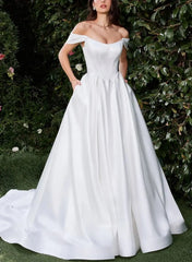 Ball Gown Off The Shoulder Sleeveless Court Train Matte Satin Bride Wedding Dress With Pockets Swd13154
