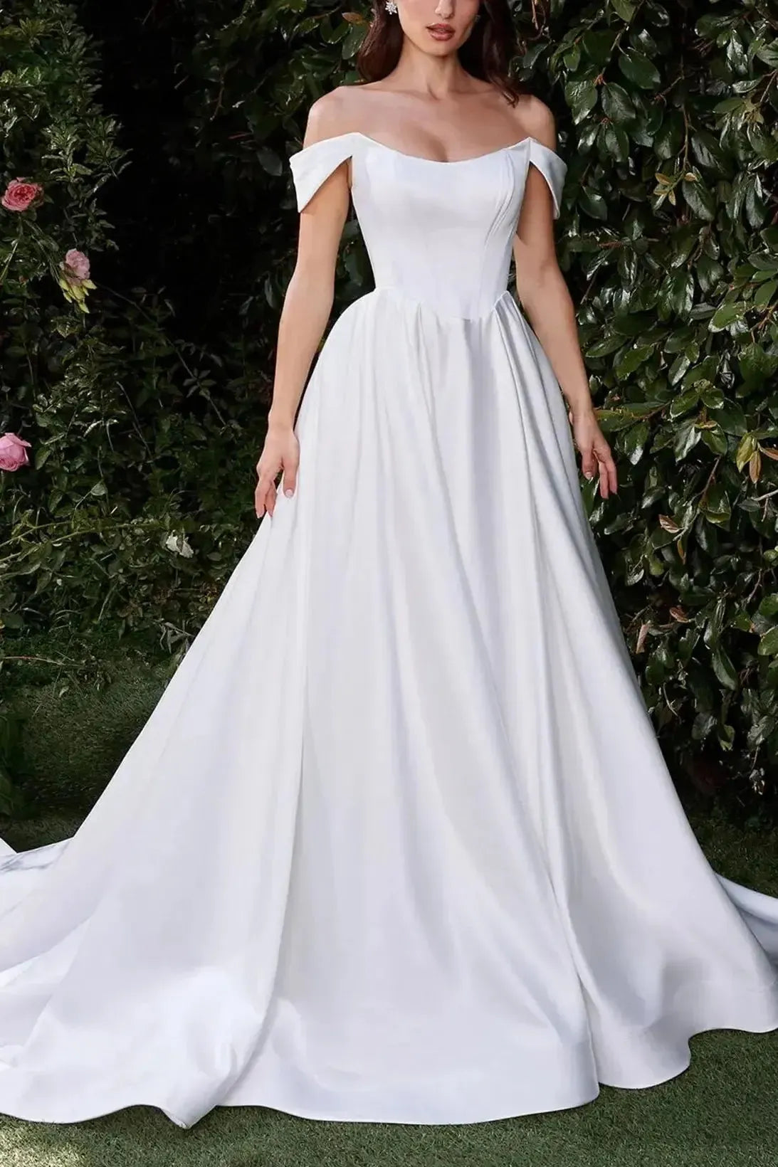 Ball Gown Off The Shoulder Sleeveless Court Train Matte Satin Bride Wedding Dress With Pockets Swd13154