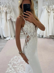 Trumpet Mermaid Plunge Neck Sleeveless Court Train Elastic Satin Wedding Dresses With Appliques Lace Swd13155
