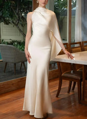 Trumpet Mermaid High Neck Cape Sleeves Floor Length Crepe Satin Bride Wedding Dress Swd13169