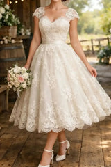 A Line Sweetheart Short Sleeves Tea Length Lace Wedding Dresses With Lace Appliques Swd13177