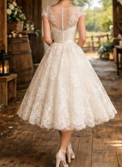 A Line Sweetheart Short Sleeves Tea Length Lace Wedding Dresses With Lace Appliques Swd13177