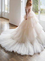Ball Gown Off The Shoulder Sleeveless Chapel Train Satin Tulle Bride Wedding Dress With Cascading Ruffles Swd13178